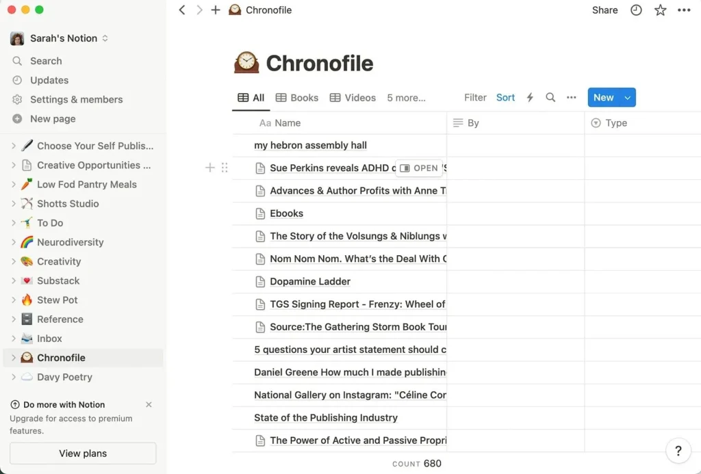Screenshot of Notion app black text on a white background. A database named Choronofile appears.