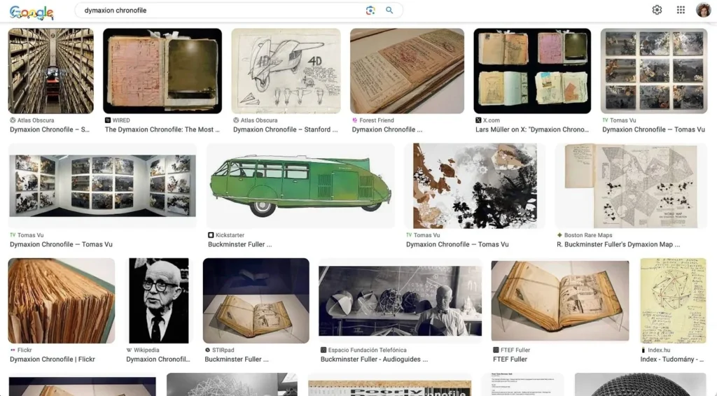 Screenshot of Google image results for Dymaxion choronofile including lots of yellowed notes, shelves and a green dymaxion car.