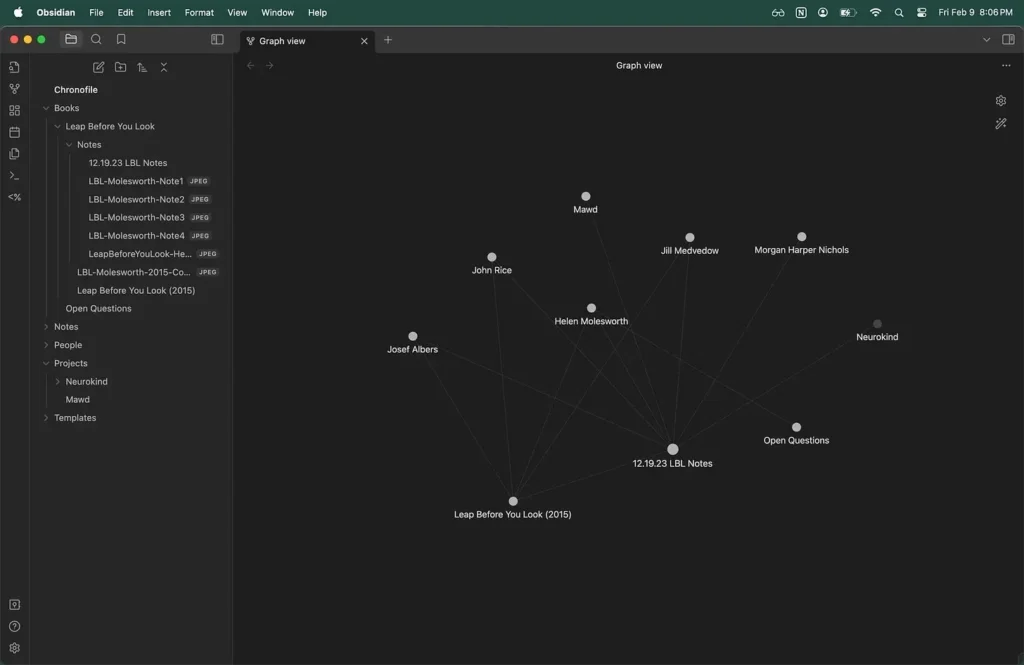 Obsidian graph showing names of files on a dark gray field