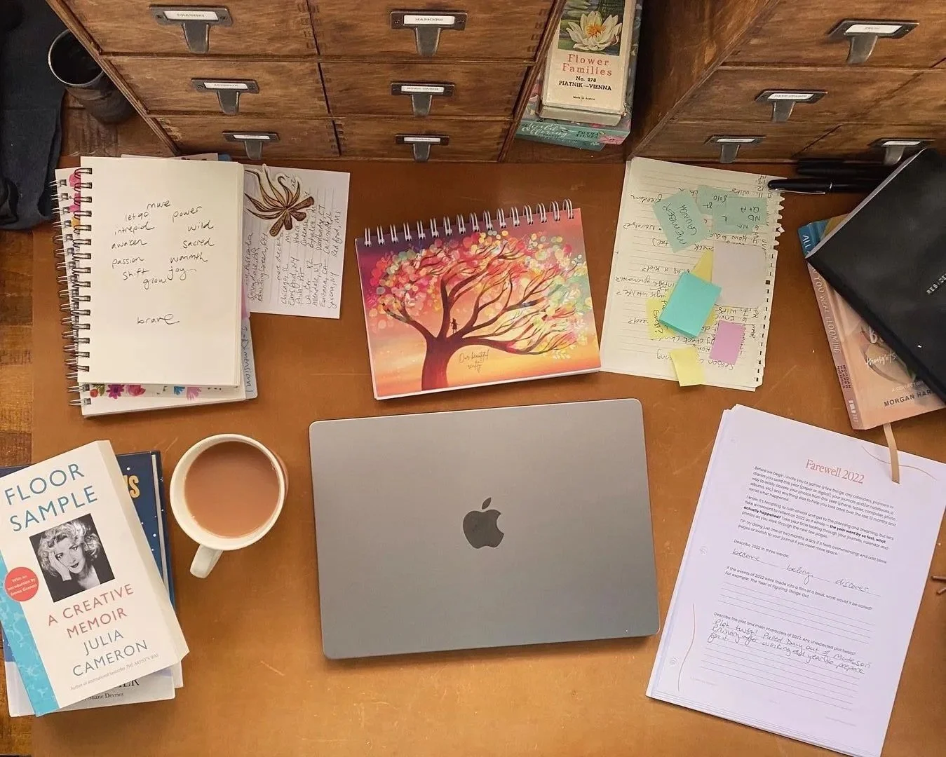 Overhead shot of my studio desk. You can see several notebooks, my Mac laptop, a cup of tea, books, and library style drawers.