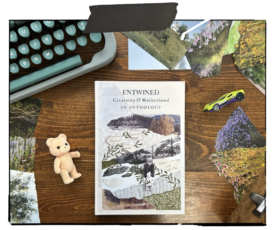Entwined Anthology with collage of mother and child on desk with typewriter, magazine clippings, teddy bear toy and Hot Wheels car
