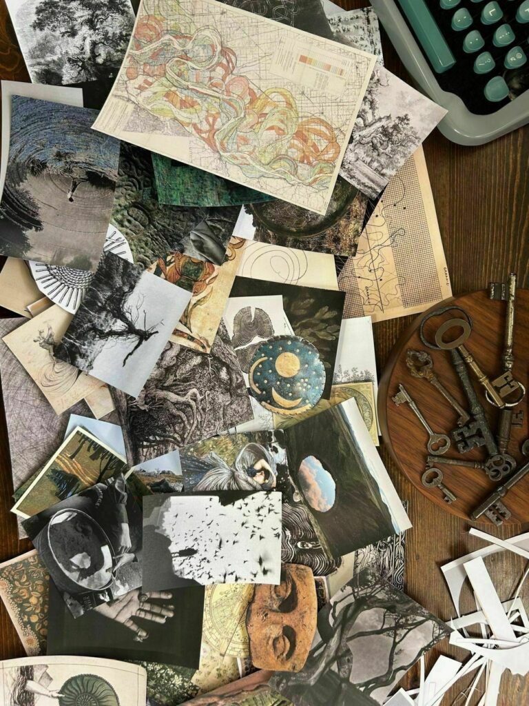 Printed images for mood board in a pile on my desk including maps, trees, spirals, artifacts, hag stones, reflections, etc. My typewriter and antique keys are also on the table.