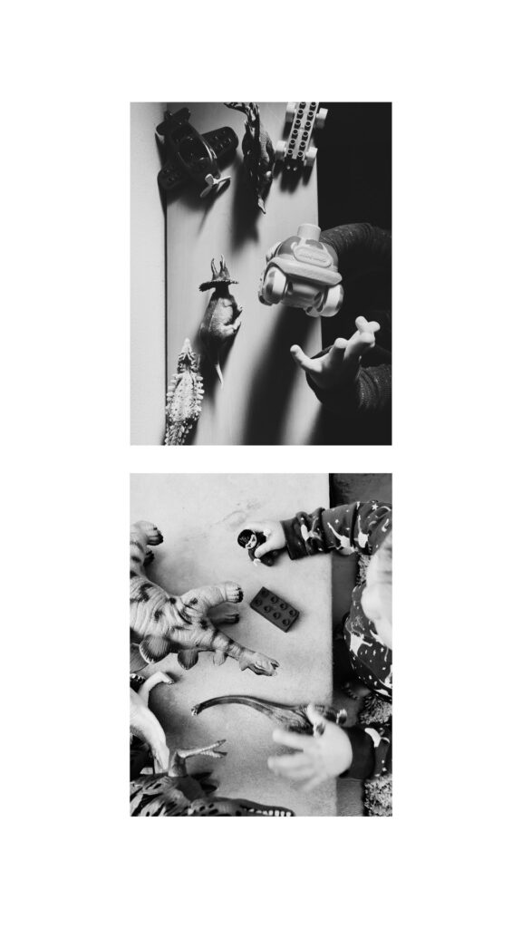 Black and white diptych shows two photographs of children playing with toys including plastic dinosaurs and DUPLO LEGO blocks.