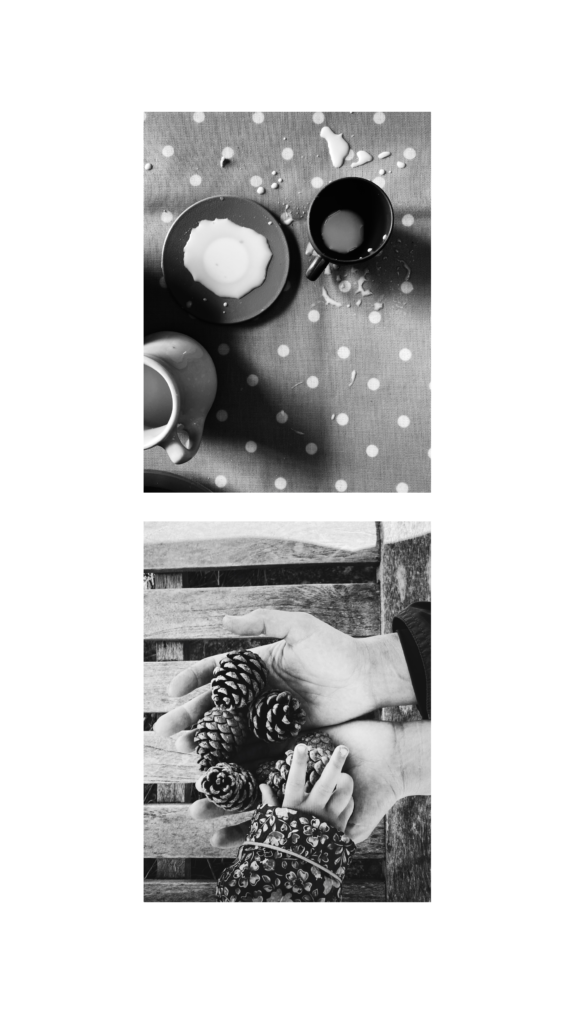 Black and white diptych shows two photographs. One shows a child size teacup with spilled milk. The other shows a mother and child's hands with small pinecones.