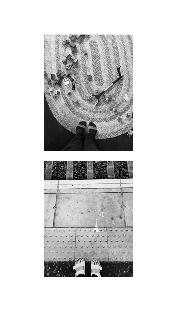 Black and white diptych shows two photographs. One shows feet on an oval rag rug with LEGO DUPLO and a grabber. The other shows feet in sandals beside a train track.