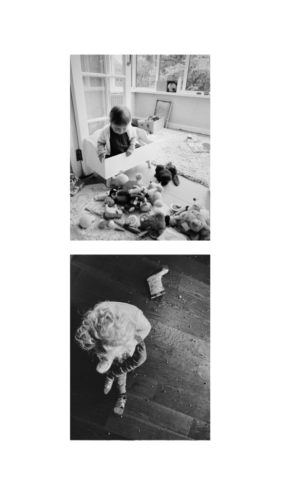 Black and white diptych shows two photographs. One shows a child in a crib looking out at soft toys thrown out. The other shows a child emptying pebbles out of rainboots.