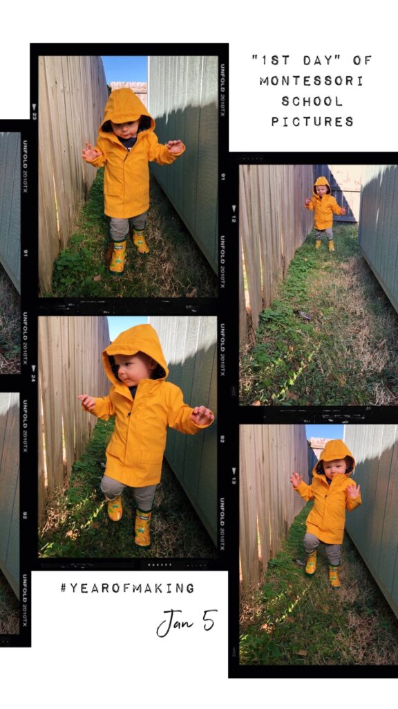 Digital collage of First Day of Preschool toddler in yellow raincoat