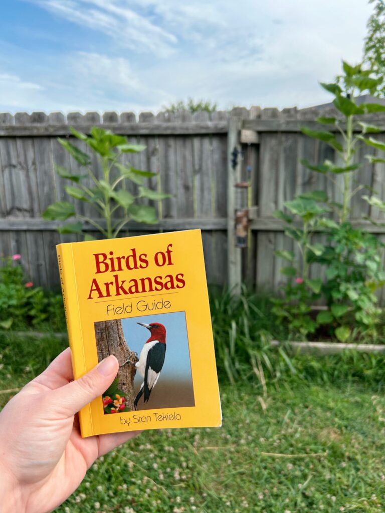 Hand holding Birds of Arkansas book with sunflower leaves in the background