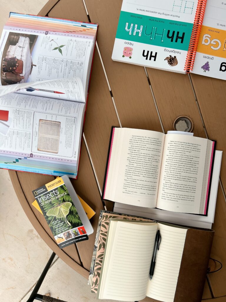 Books laying on an outdoor table including a children's dictionary and handwriting book