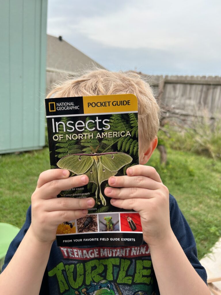 Child holds Insect Field Guide over face