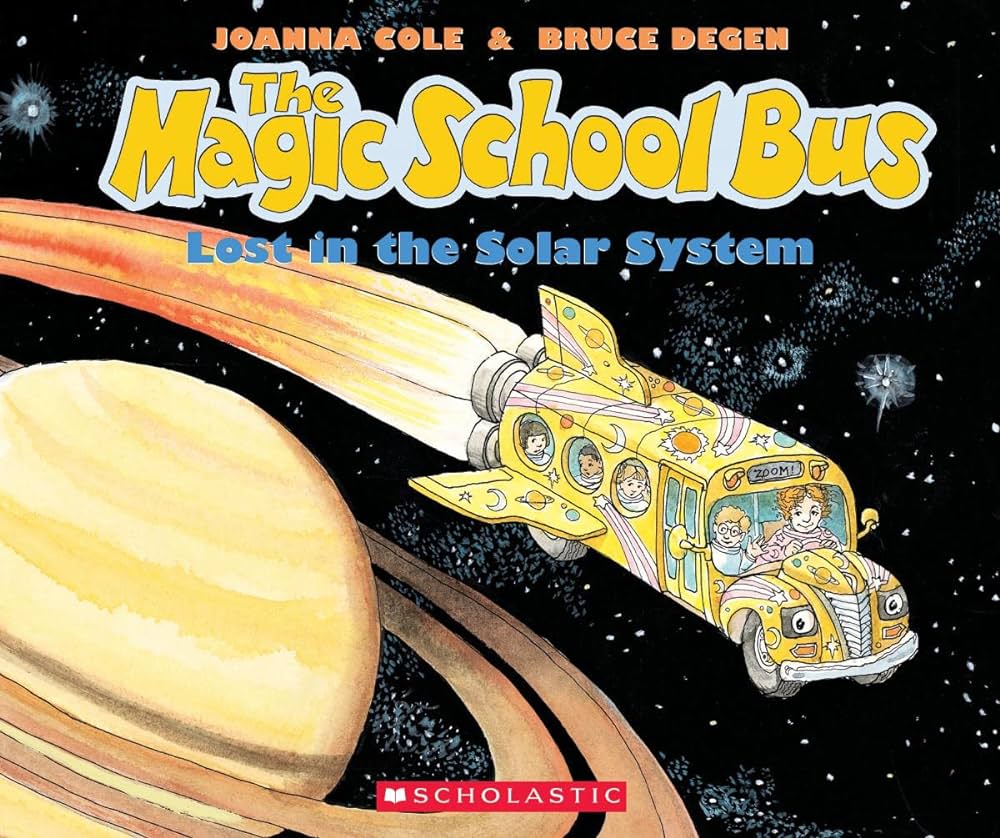 Cover of Magic School Bus Lost in the Solar System. Yellow bus rocket ship flying past saturn.