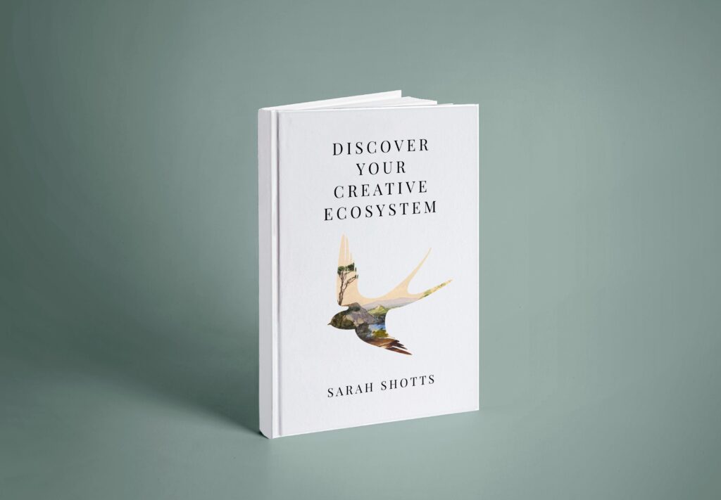 Mockup of Discover Your Creative Ecosystem by Sarah Shotts in hardcover. A white book with swallow cutout to reveal a landscape beyond.