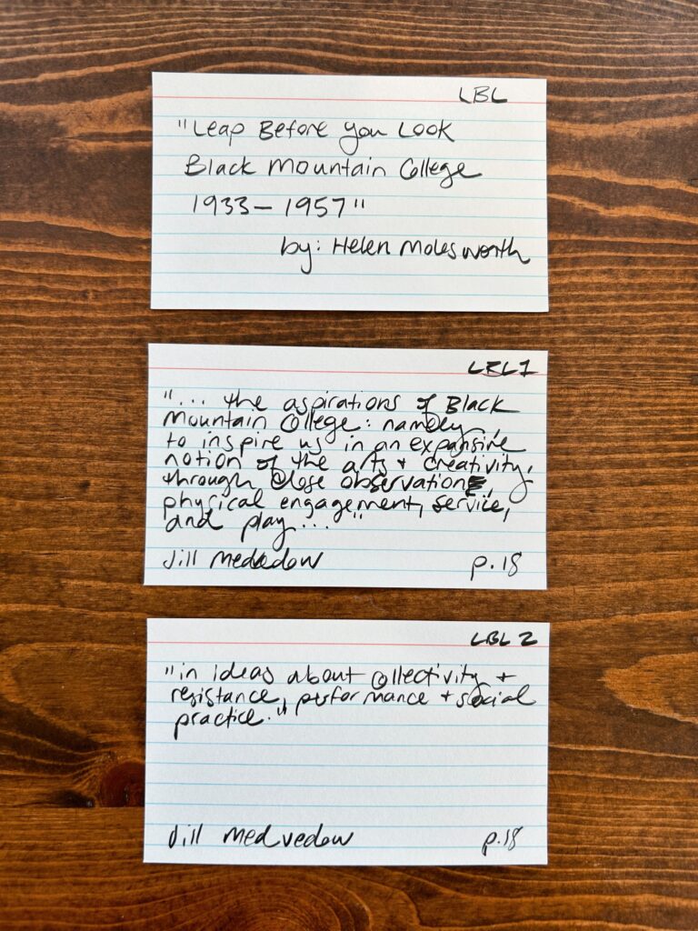 Handwritten index cards. Quotes typed below.