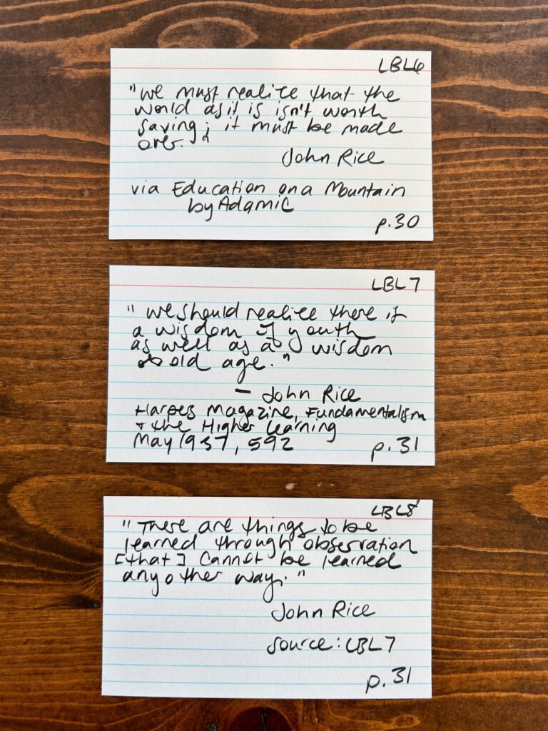 Handwritten index cards. Quotes typed below.