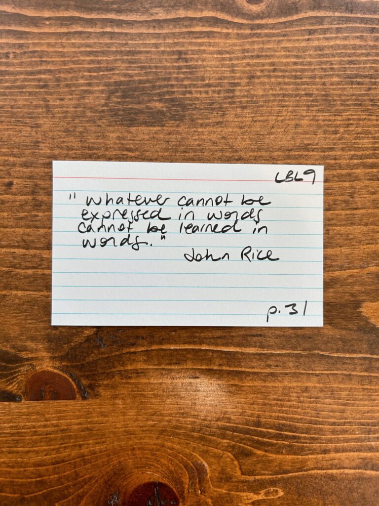 Handwritten index card. Quotes typed below.