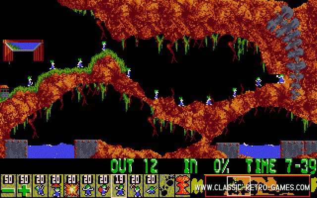 Screenshot of 90s Lemmings game. A row of blue and green figures walk across an indoor cave.