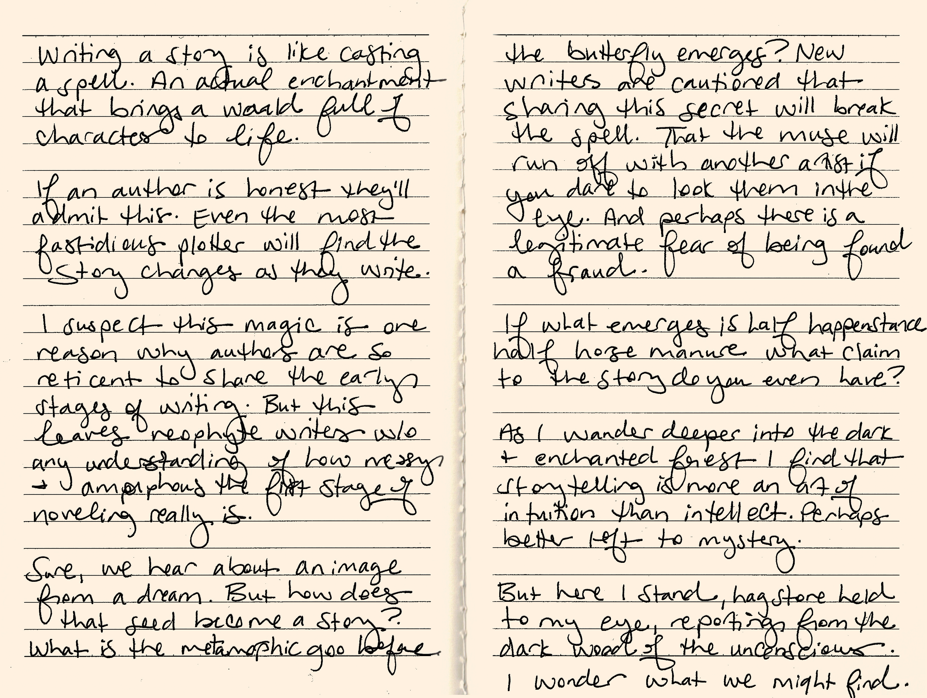 Writing a story is like casting a spell. An actual enchantment that brings a world full of characters to life. If an author is honest they'll admit this. Even the most fastidious plotter will find the story changes as they write. I suspect this magic is one reason why authors are so reticent to share the early stages of writing. But this leaves neophyte writers without any understanding of how messy and amorphous the first stage of noveling really is. Sure, we hear about an image from a dream. But how does that seed become a story? What is the metamorphic goo before the butterfly emerges? New writers are cautioned that sharing this secret will break the spell. That the muse will run off with another artist if you dare to look them in the eye. And perhaps there is a legitimate fear of being found a fraud. If what emerges is half happenstance half horse manure, what claim to the story do you even have? As I wander deeper into the dark and enchanted forest I find that storytelling is more an art of intuition than intellect. Perhaps better left to mystery. But here I stand, hag stone held to my eye, reporting the from the dark wood of the unconscious. I wonder what we might find.