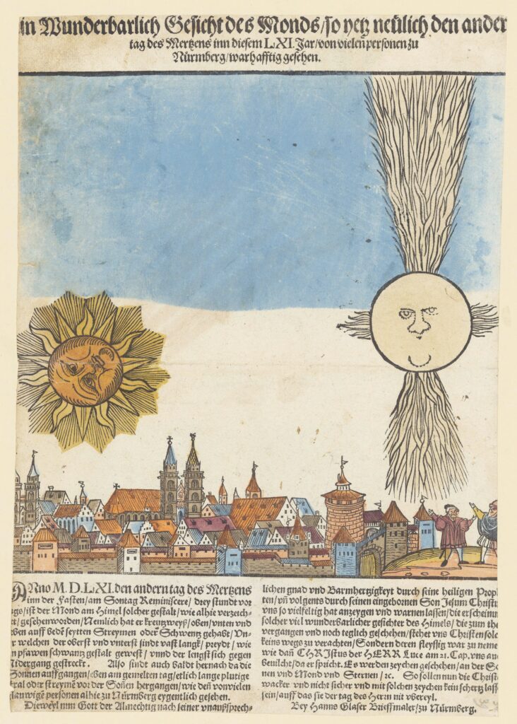 Report of the apparition on March 2, 1561 in Nuremberg. The broadsheet claims that the divine signs should be taken seriously in view of the Last Day and will lead to a penitential life on earth.