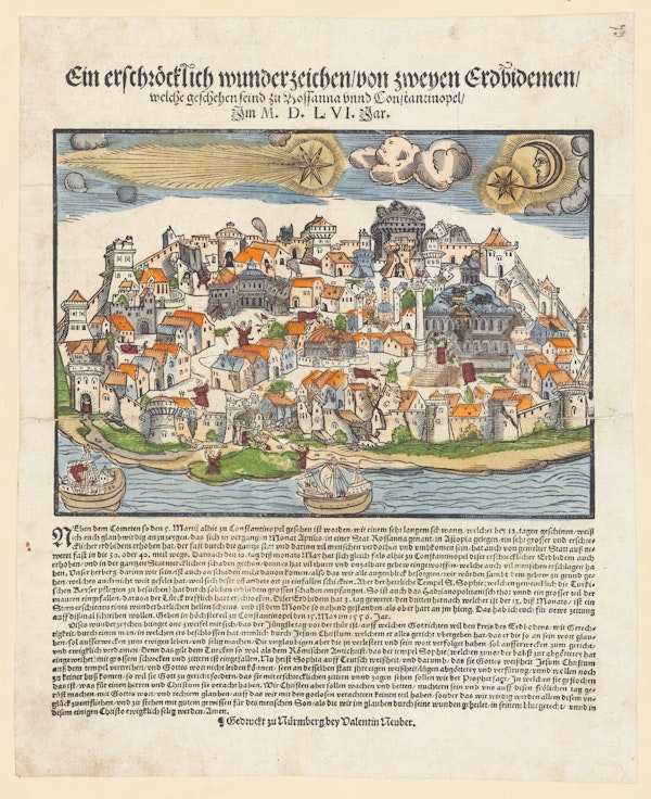 16th century woodcut broadsheet illustration of city near the stars and crescent moon