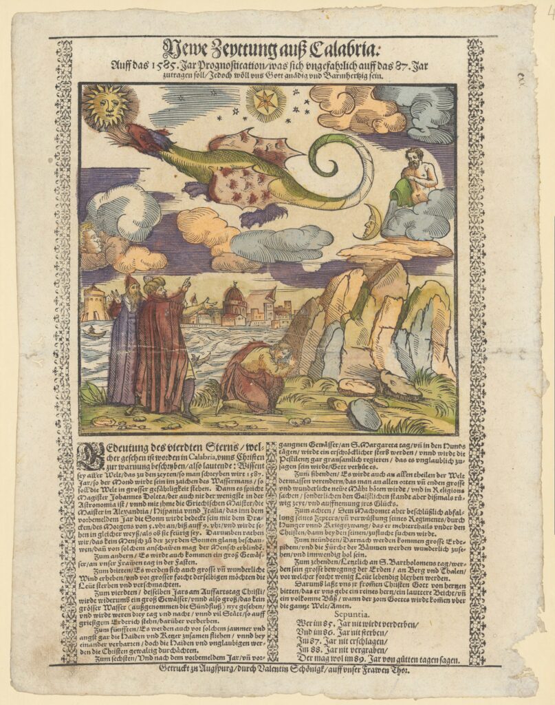 16th century woodcut broadsheet illustration of dragon in the sky