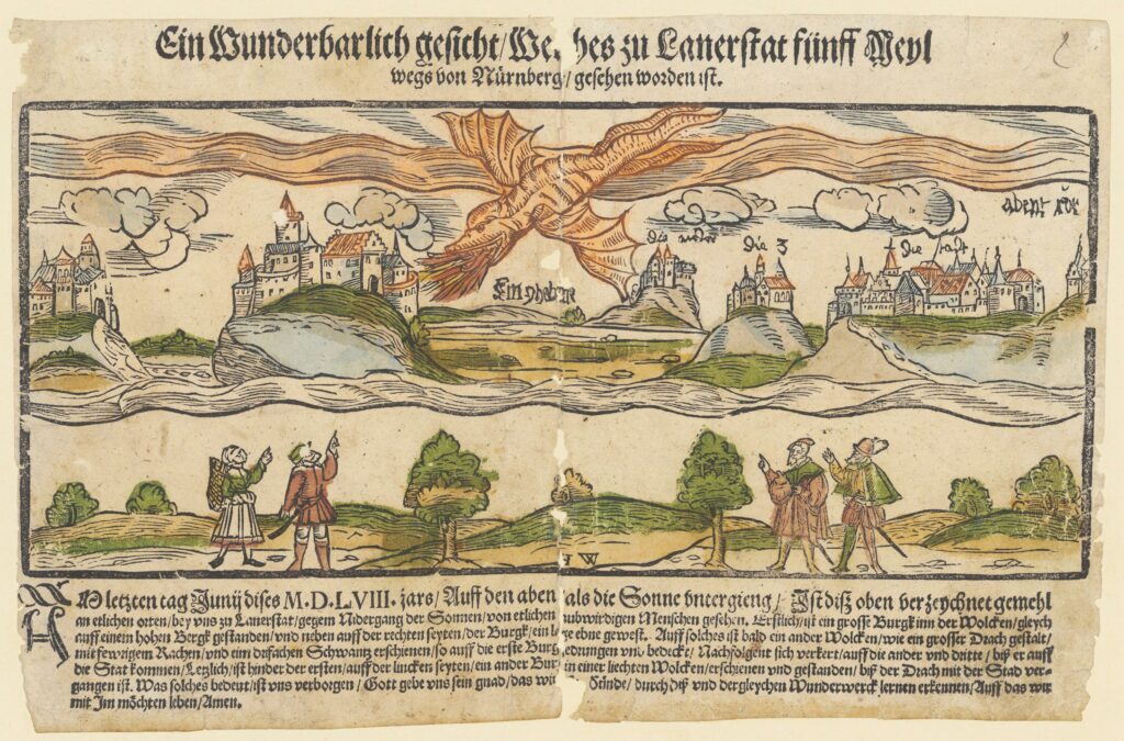 Report on an ominous apparition in the sky of Lonnerstadt near Erlangen, 1558. The weather phenomenon depicted is related to the dragon of the Apocalypse as a sign of the end times in Revelation 12.