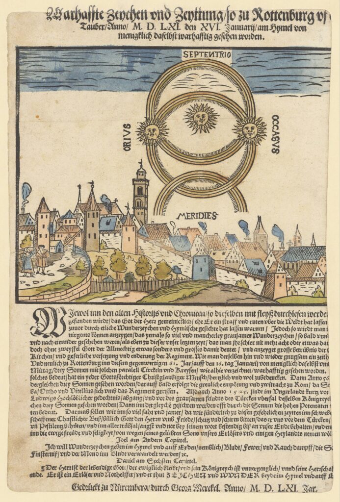 16th century woodcut broadsheet illustration of three suns in linking circular orbits