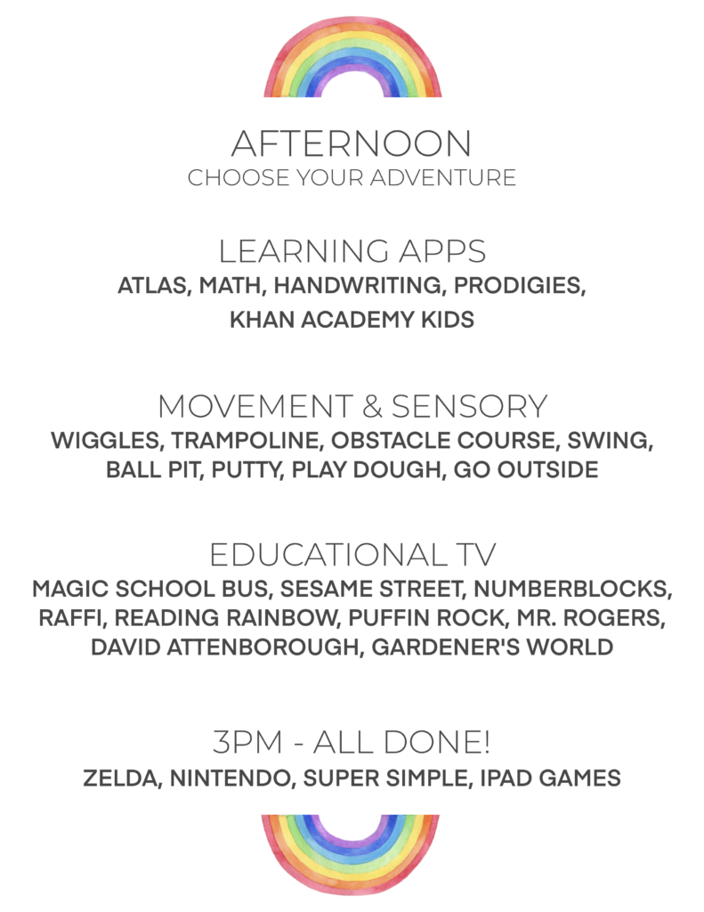 Afternoon list of activities with a watercolor illustration including educational apps, TV, movement and sensory activites.