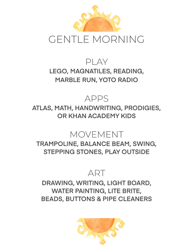 Gentle morning list with watercolor sunshines and lists of options like LEGO, reading, audiobooks, trampoline, drawing, etc.