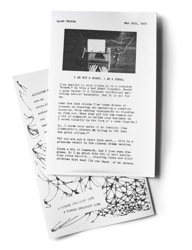 Photograph of two black and white zines. The top says "I'm a brand not a human" with a photo of a typewriter. The bottom has a collage with typewritten words and an image of a spiderweb.