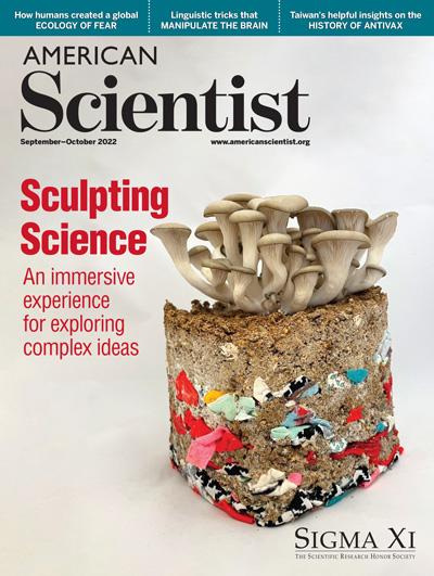 Screenshot of American Scientist Cover Sculpting Science showing mushrooms growing out of textiles