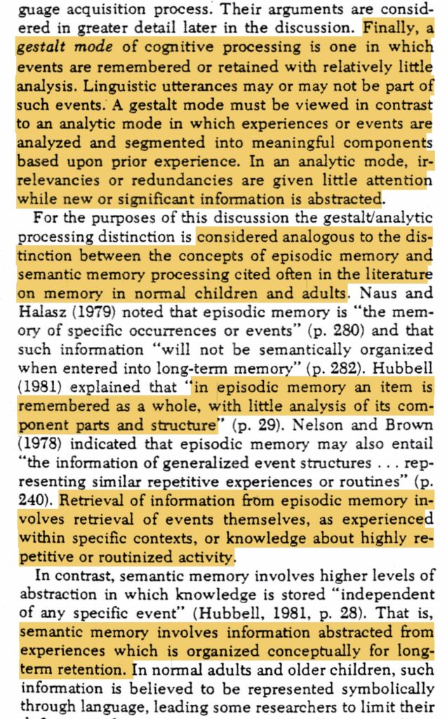 Finally, a gestalt mode of cognitive processing is one in which events are remembered or retained with relatively little analysis. Linguistic utterances may or may not be part of such events. A gestalt mode must be viewed in contrast to an analytic mode in which experiences or events are analyzed and segmented into meaningful components based upon prior experience. In an analytic mode, irrelevancies or redundancies are given little attention while new or significant information is abstracted.

...considered analogous to the distinction between the concepts of episodic memory and semantic memory processing cited often in the literature on memory in normal children and adults.

"in episodic memory an item is remembered as a whole, with little analysis of its component parts and structure"

Retrieval of information from episodic memory involves retrieval of events themselves, as experienced within specific contexts, or knowledge about highly repetitive or routinized activity.

semantic memory involves information abstracted from experiences which is organized conceptually for long-term retention.
