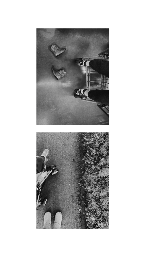 Black and white diptych shows two photographs. One shows a child sitting in a shopping cart with cowboy boots fallen to the floor beneath. The other shows a mother's feet beside a pram on a walk.