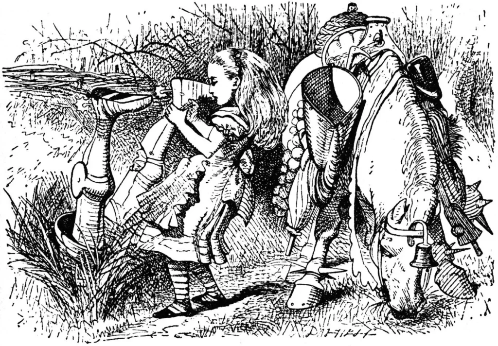 Original Tenniel illustration of Alice pulling the White Knight up after he has fallen off his horse