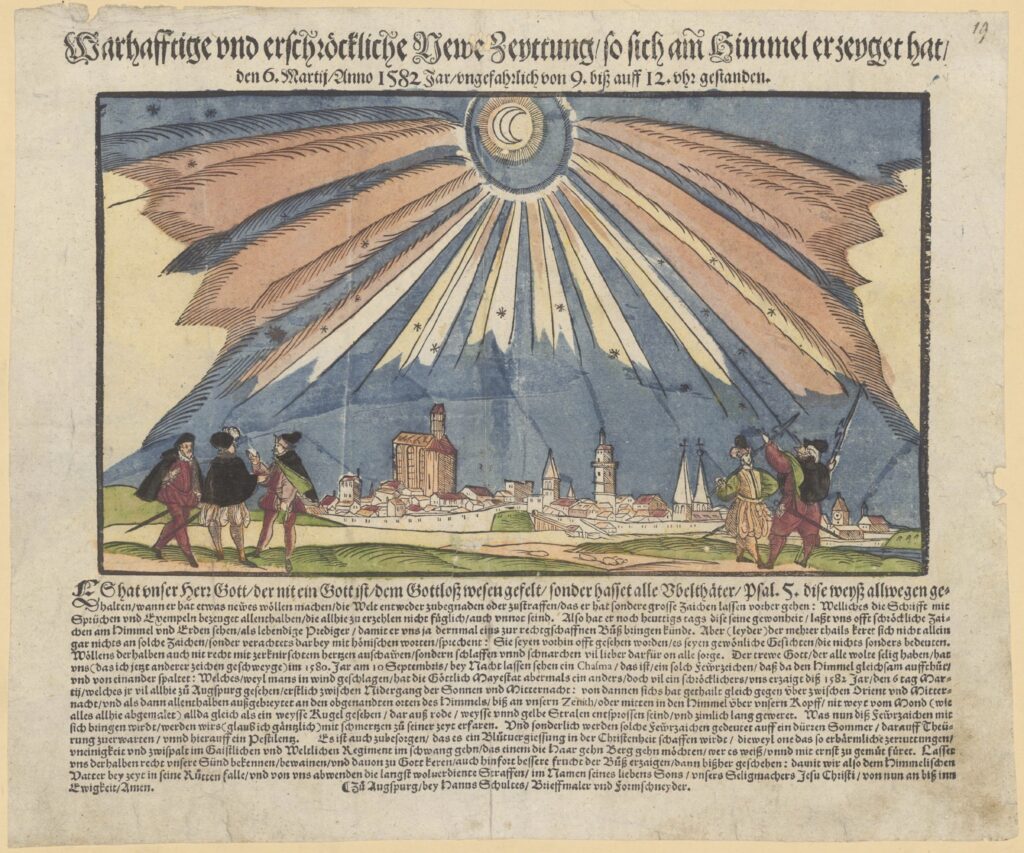 16th century woodcut broadsheet illustration of moon and rays of pink in the sky