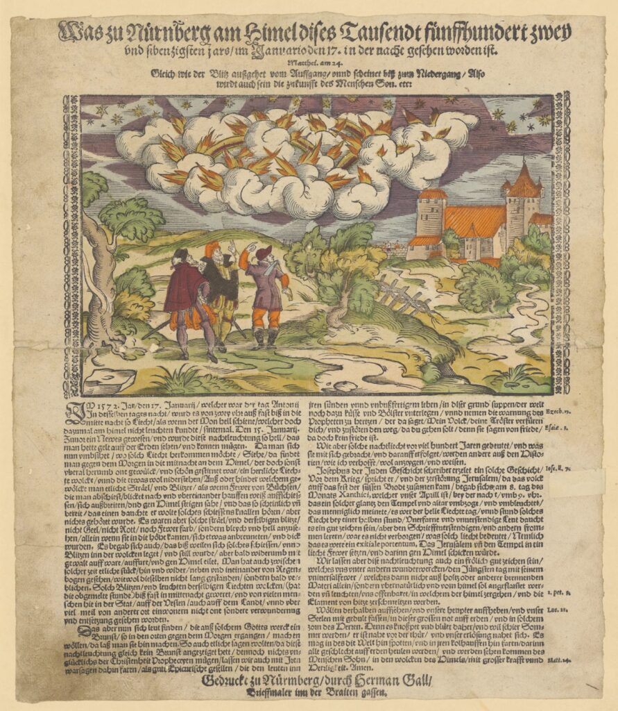 16th century woodcut broadsheet illustration of men looking at lightning bolts in clouds