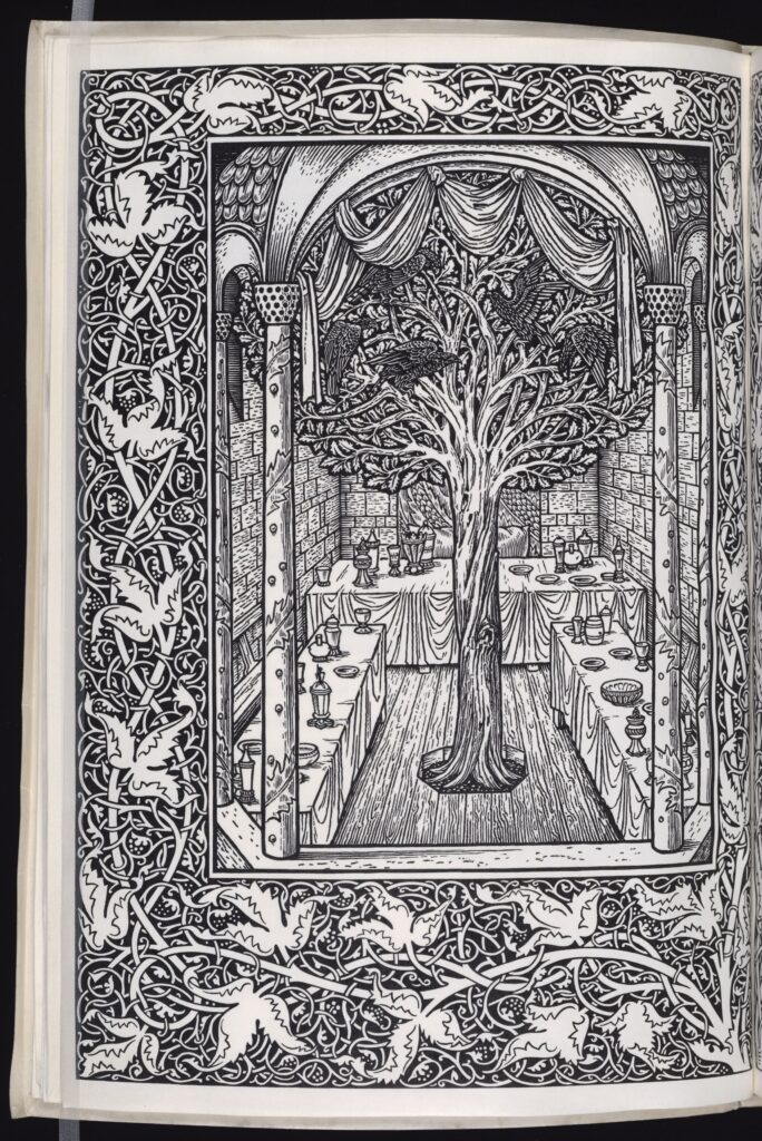 Ornate illustration of Tree of Life in a stone building surronded by three leaf vines entwined in a border.