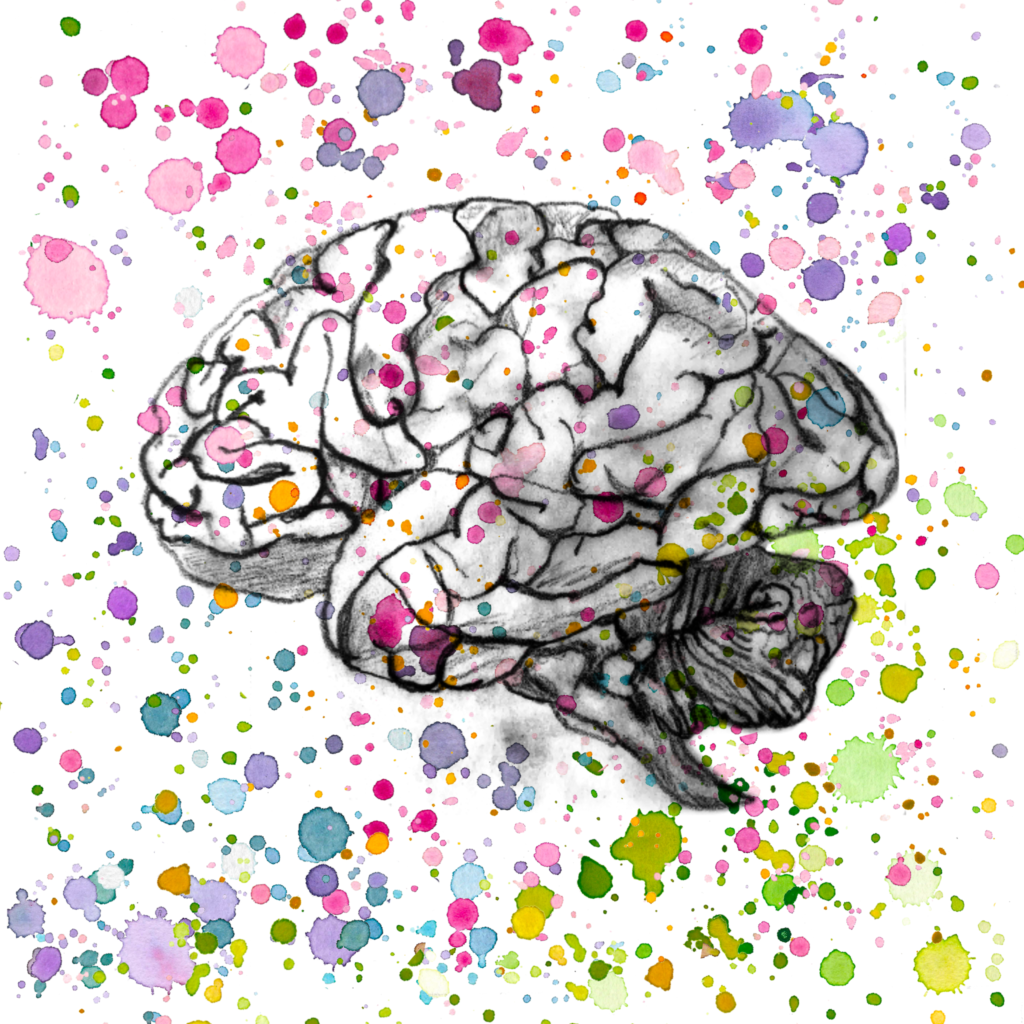 Drawing of brain with colorful paint splatters over the top