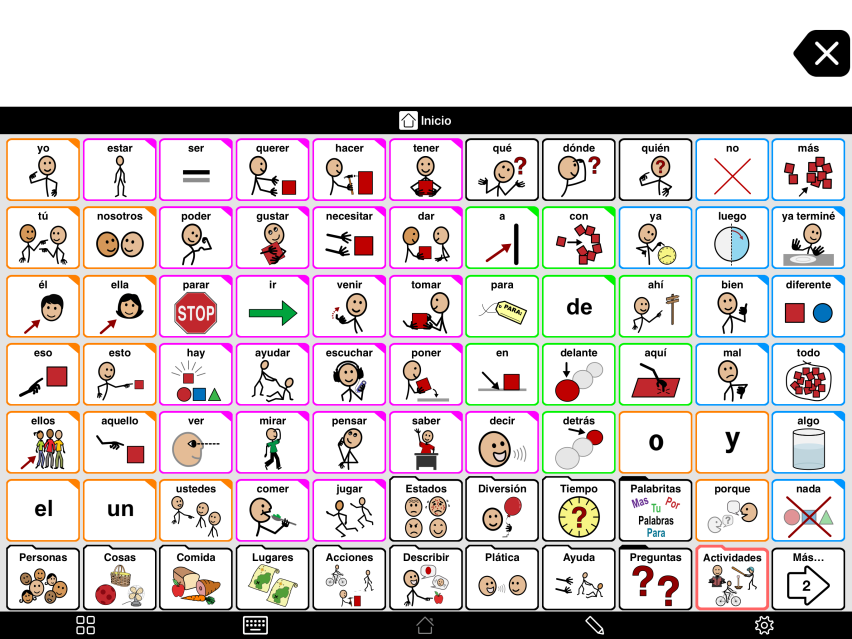 Screenshot of AAC app. Icons of basic vocabulary (eat, please, thank you) with Spanish words under each image.