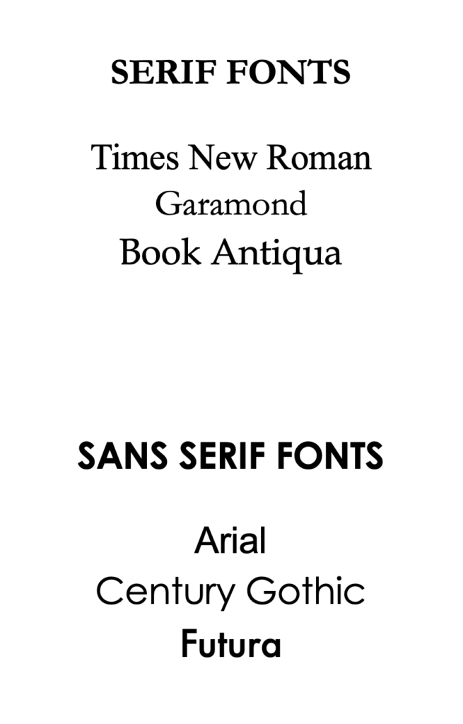 Examples on Serif and Sans Serif Fonts. Serif Fonts have little lines on the end of each letter and feel more traditional. San serif look more contemporary.