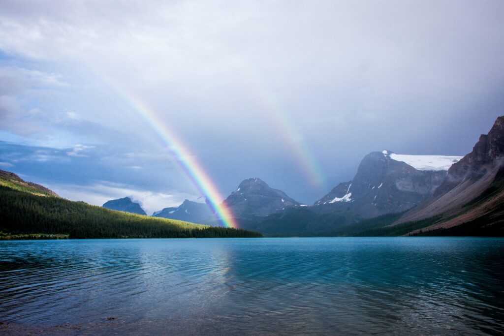 Rainbow over a mountainous landscape