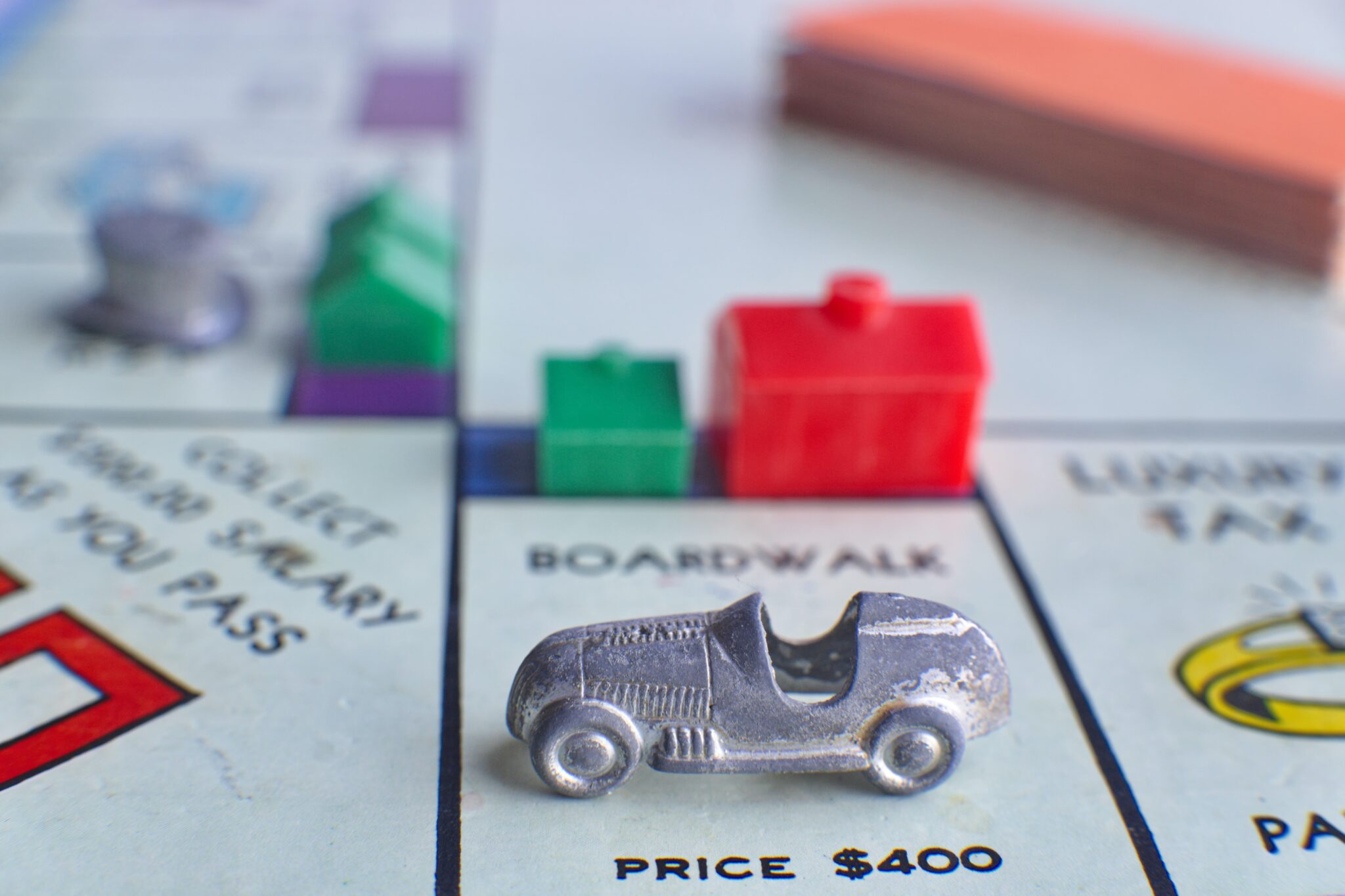 Closeup photograph of Monopoly gameboard