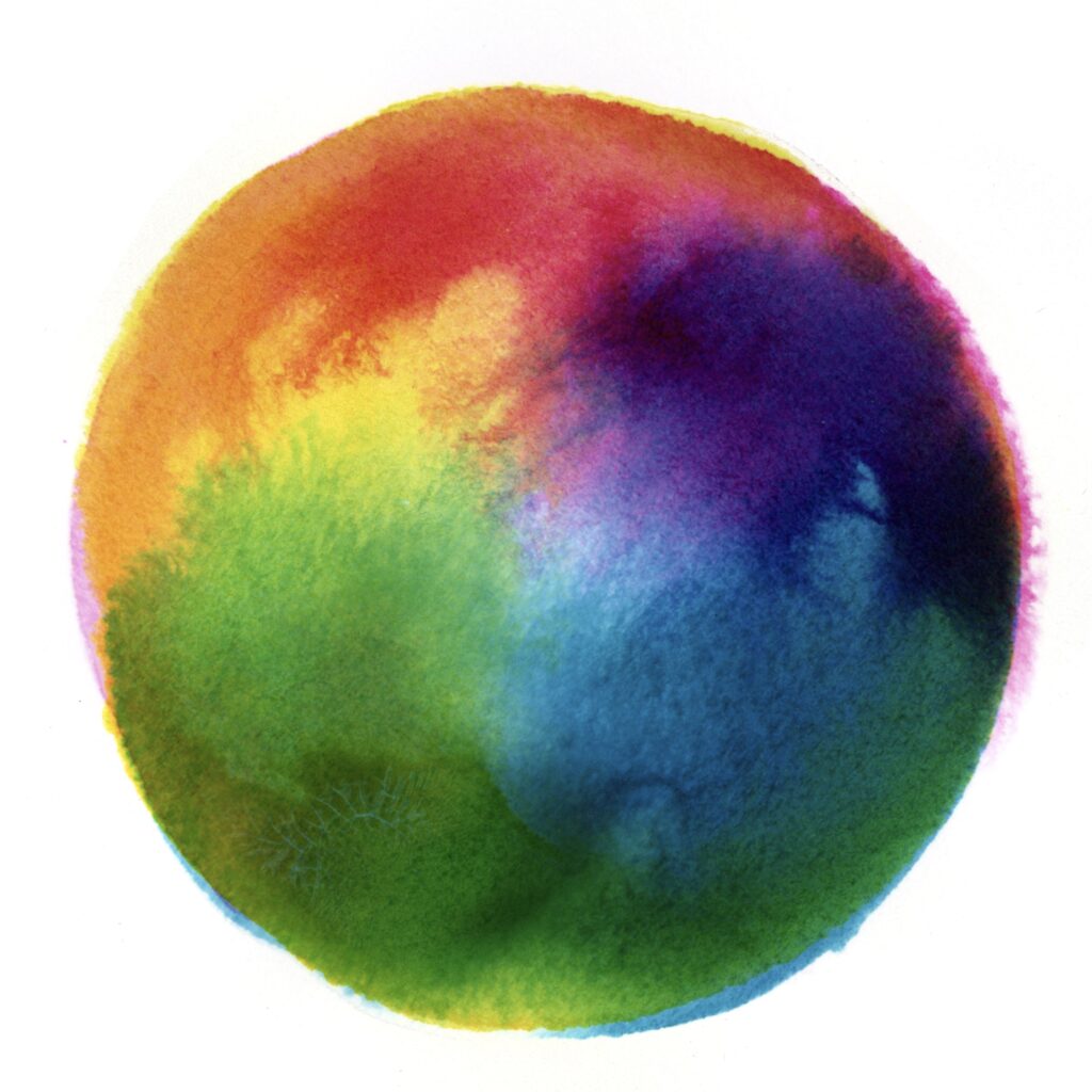 Watercolor illustration of the autism spectrum. A rainbow of colors blending into one another like a color wheel.
