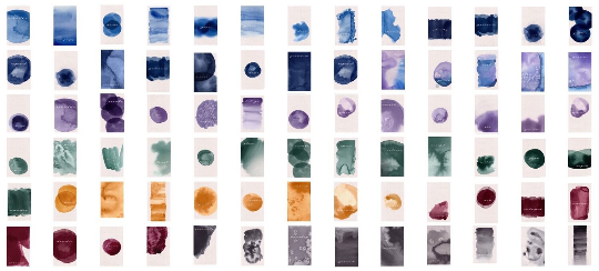 Mockup of the whole deck shows rows of sky blue, dark blue, purple, teal green, golden, burgundy and grey.