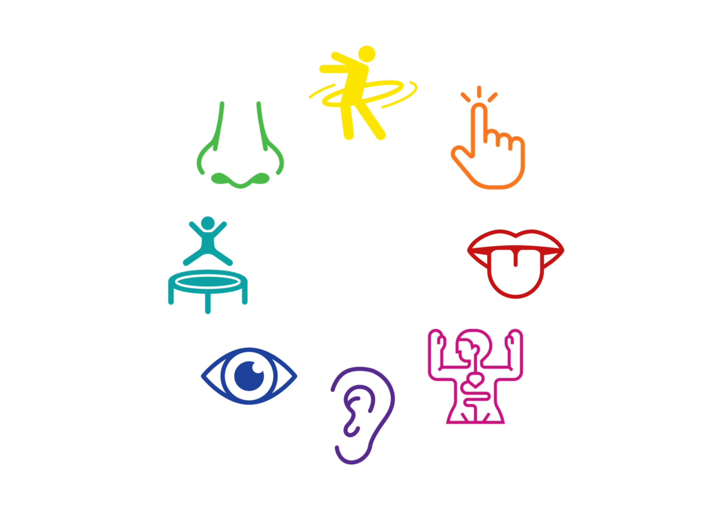 Logos for each sense. Finger for touch. Tongue for taste. Transparent body with heart for interoception. Ear for hearing. Eye for sight. Trampoline for vestibular. Nose for smell. Hula hoop for proprioception.