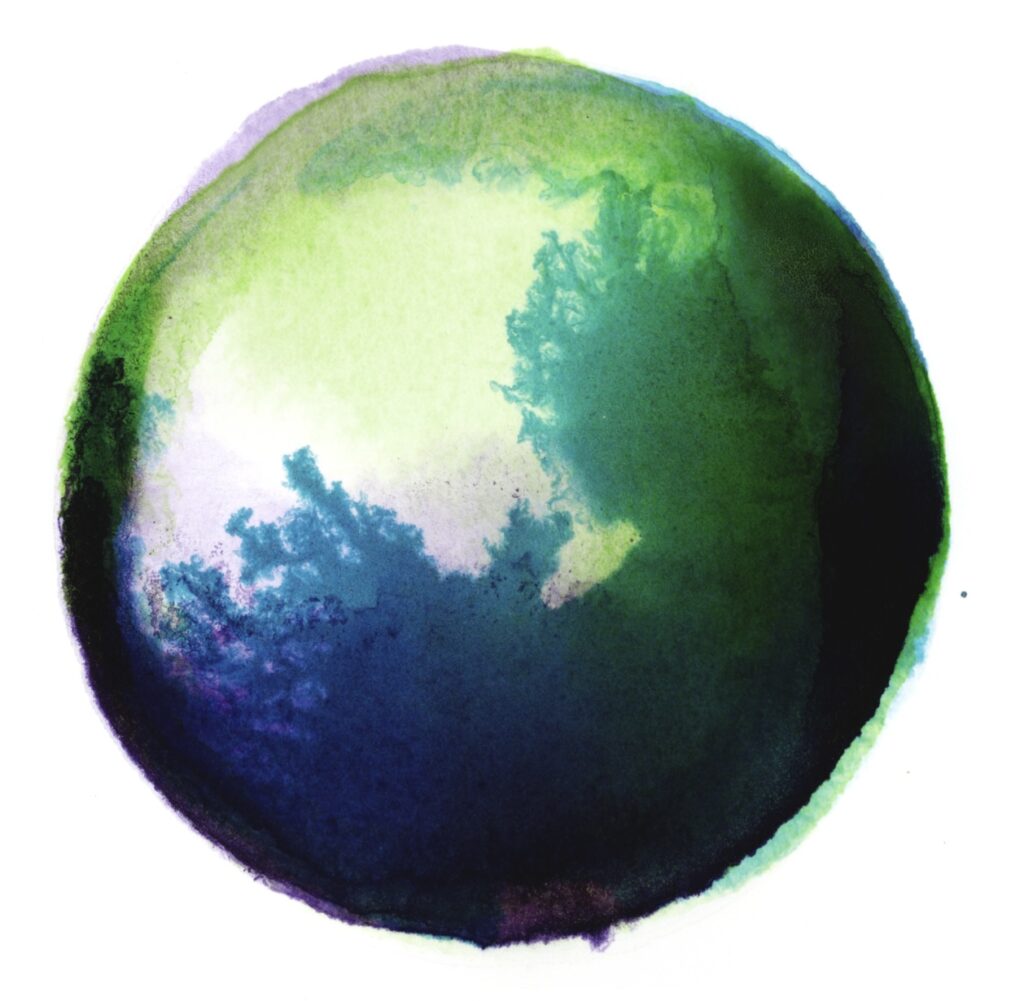Watercolor wash circle of blue bleeding into green. The shades infuse into one another and create rivulets that are reminiscent of the planet earth.