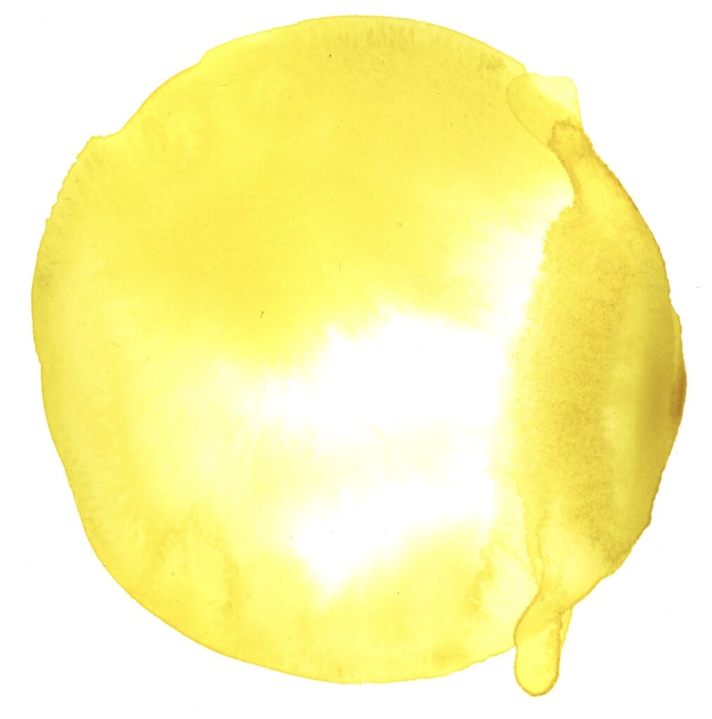 Bright yellow ink wash circle with drip bleeding off bottom edge and very little white in an irregular shape toward the right middle.