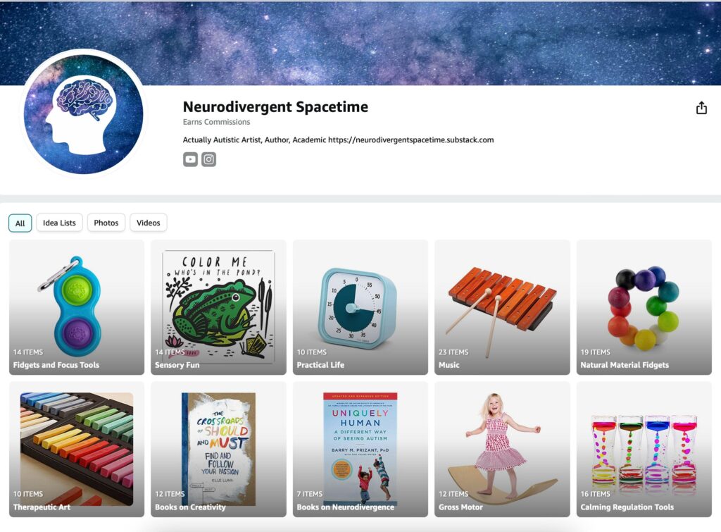 Screenshot of Amazon affiliate page with images of fidgets, timers, art supplies and books.