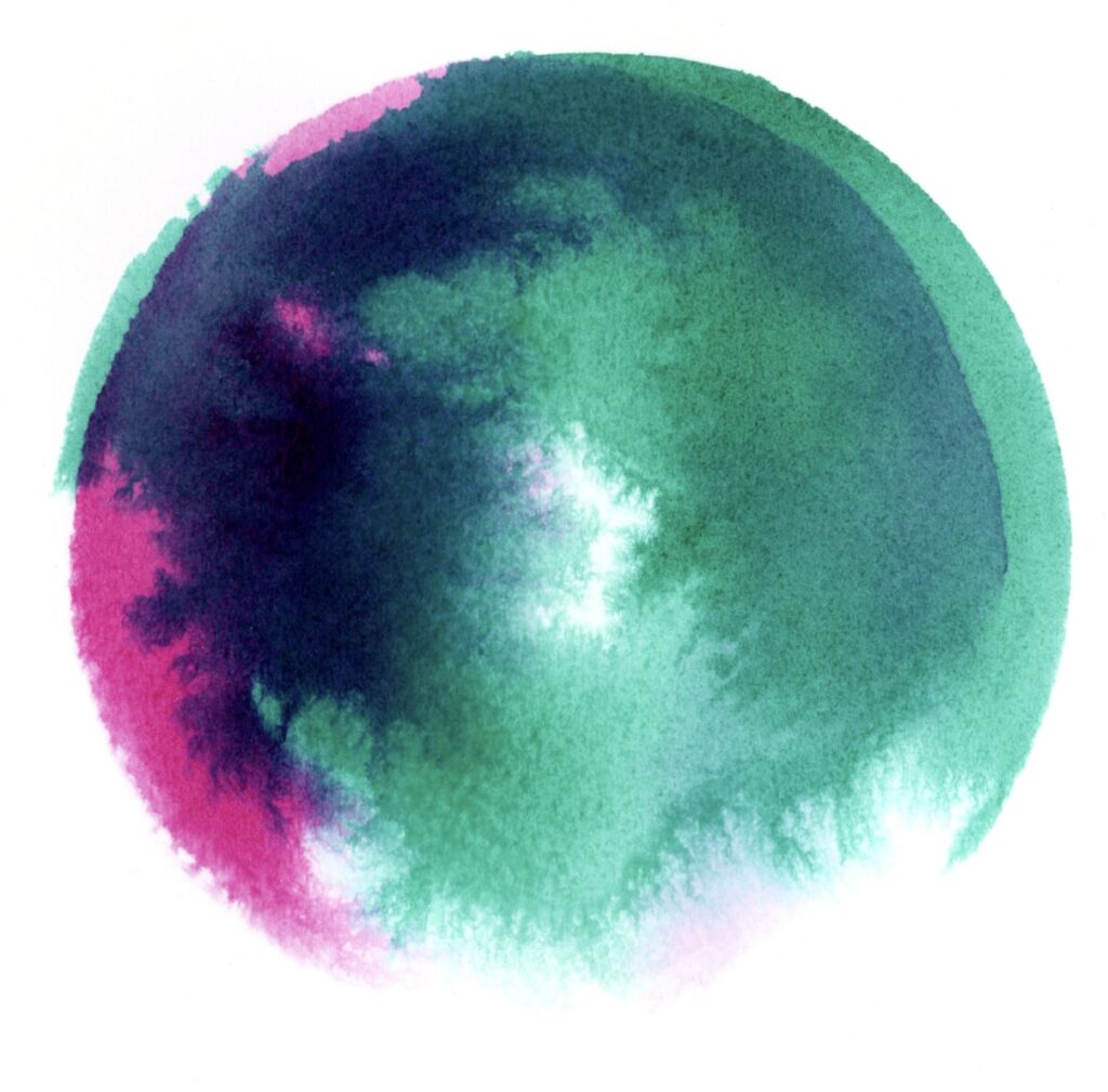 Watercolor washes of blue green and pink bleed into one another creating a deep blue toward the left with feathered edges of pink and green creating an incomplete circle.