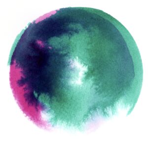 Watercolor washes of blue green and pink bleed into one another creating a deep blue toward the left with feathered edges of pink and green creating an incomplete circle.