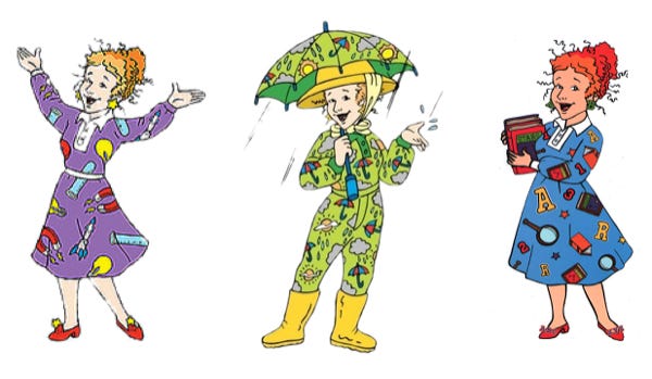 Ms. Frizzle from Magic School Bus in three outfits all illustrated with outlandish science inspired designs